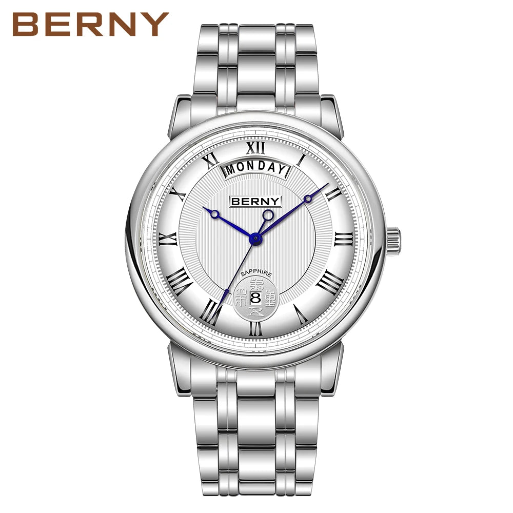BERNY Men Quartz Watch Miyota Vj55Top Quality Luxury Brand Day Date Stainless Steel Wristwatch Sapphire Waterproof Watch for Men
