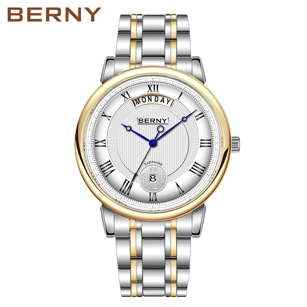 BERNY  Men Quartz Watch Miyota Vj55Top Quality Luxury Brand Day Date Stainless Steel Wristwatch Sapphire Waterproof Watch for Men