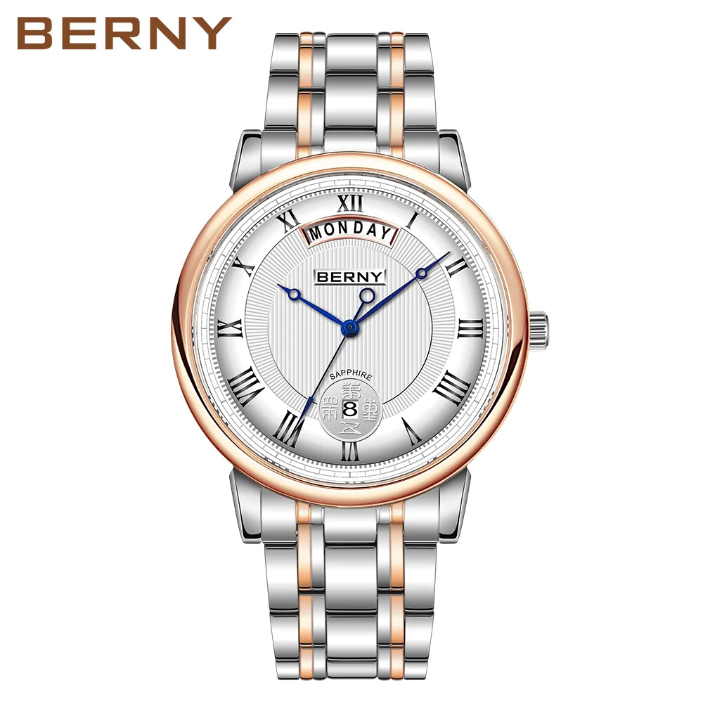 BERNY  Men Quartz Watch Miyota Vj55Top Quality Luxury Brand Day Date Stainless Steel Wristwatch Sapphire Waterproof Watch for Men