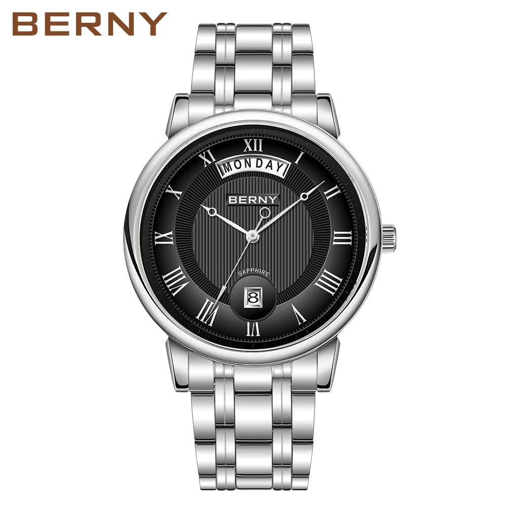 BERNY  Men Quartz Watch Miyota Vj55Top Quality Luxury Brand Day Date Stainless Steel Wristwatch Sapphire Waterproof Watch for Men