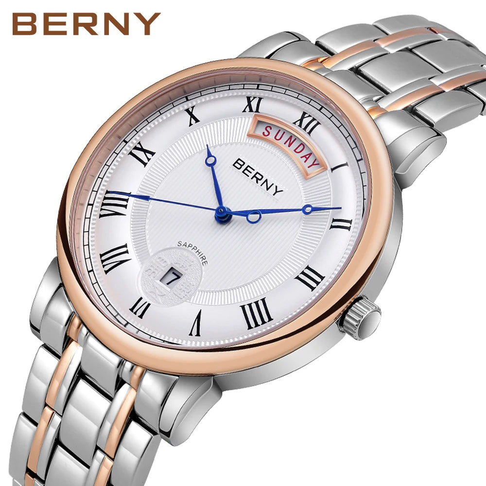 BERNY  Men Quartz Watch Miyota Vj55Top Quality Luxury Brand Day Date Stainless Steel Wristwatch Sapphire Waterproof Watch for Men