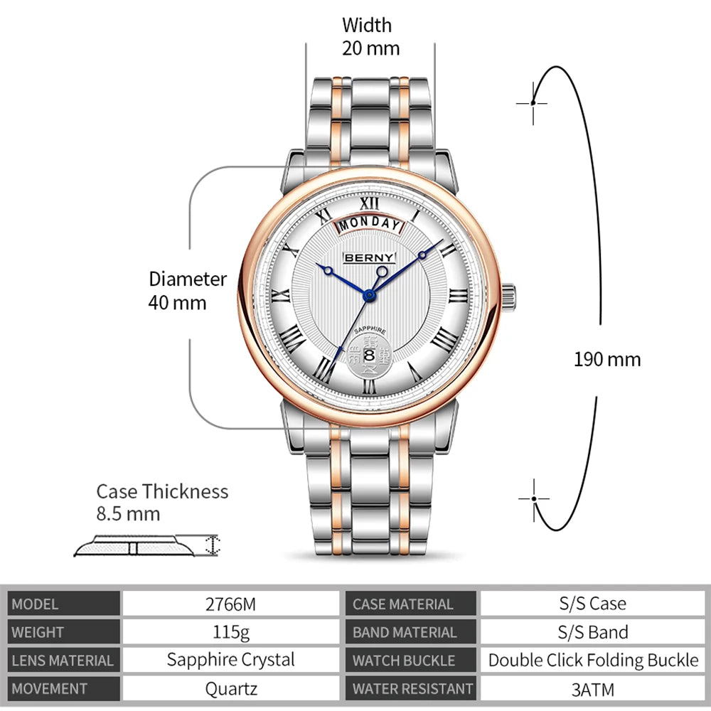 BERNY  Men Quartz Watch Miyota Vj55Top Quality Luxury Brand Day Date Stainless Steel Wristwatch Sapphire Waterproof Watch for Men