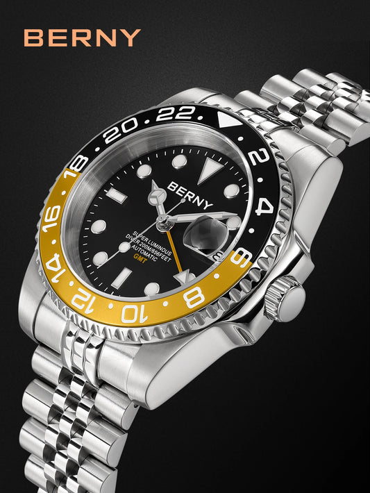 BERNY 20ATM Diving GMT Men Watch NH34 Automatic Self-Wind Wristwatch Super Luminous Sapphire AR Luxury Sport Diver Watch for Men