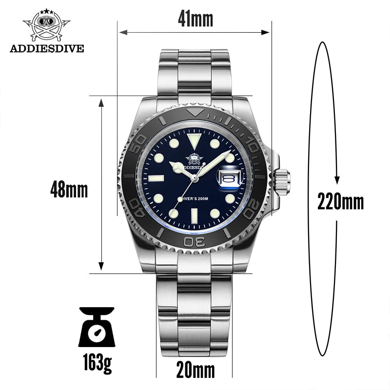 ADDIESDIVE Luxurious Men'S Analog Quartz Watch BGW9 Luminous 20 Bar Waterproof Men'S Diving Stainless Steel Men Watches H3