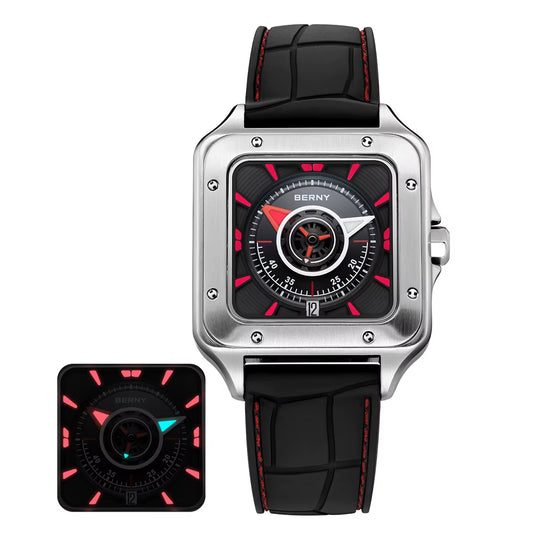 BERNY 2025 Men's Original Mechanical Watch AM153M - Square Design, 10ATM Waterproof, Super Luminous Sapphire Automatic Wristwatch